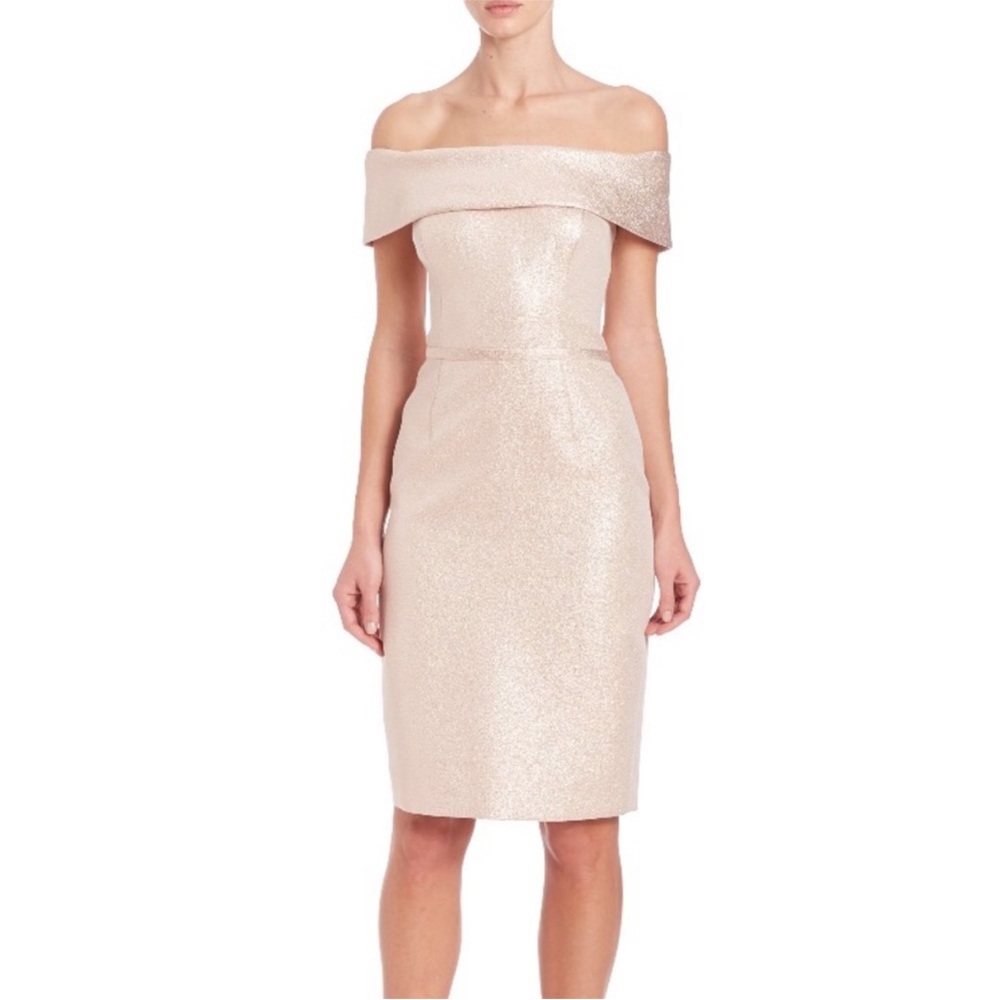 Rickie Freeman for Teri Jon Pink Rose Gold Off-Shoulder Metallic Sheath Dress
